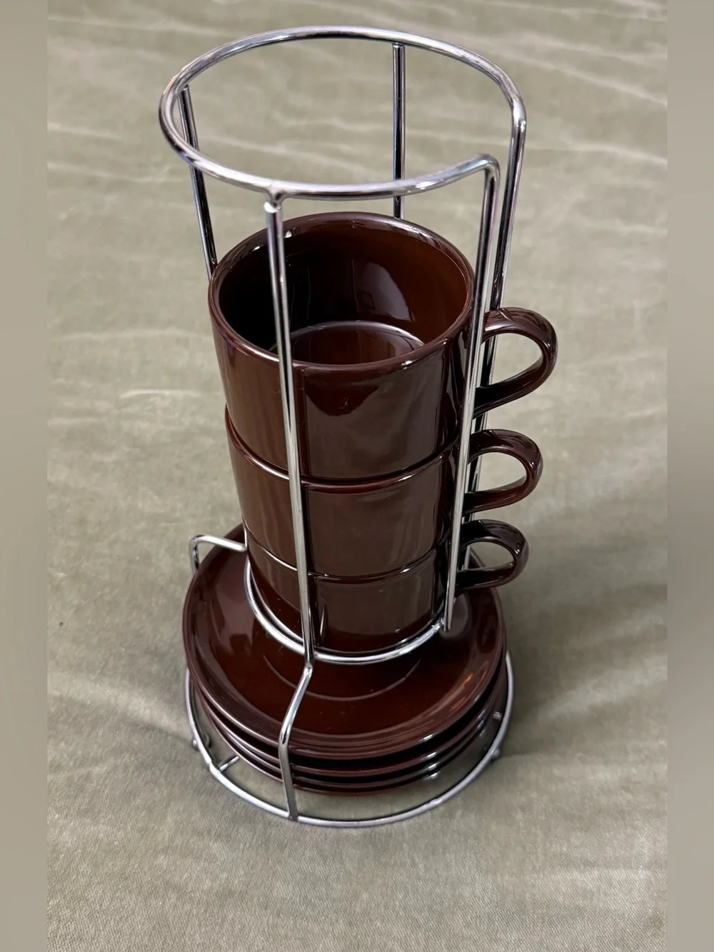Pier 1 Brown Ceramic Stackable Espresso Mug and Saucer Set with Chrome Rack #OSK